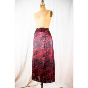Vintage 90s Grunge Satin Floral Paisley Maxi Skirt, Black Red Gothic Witchy, XL